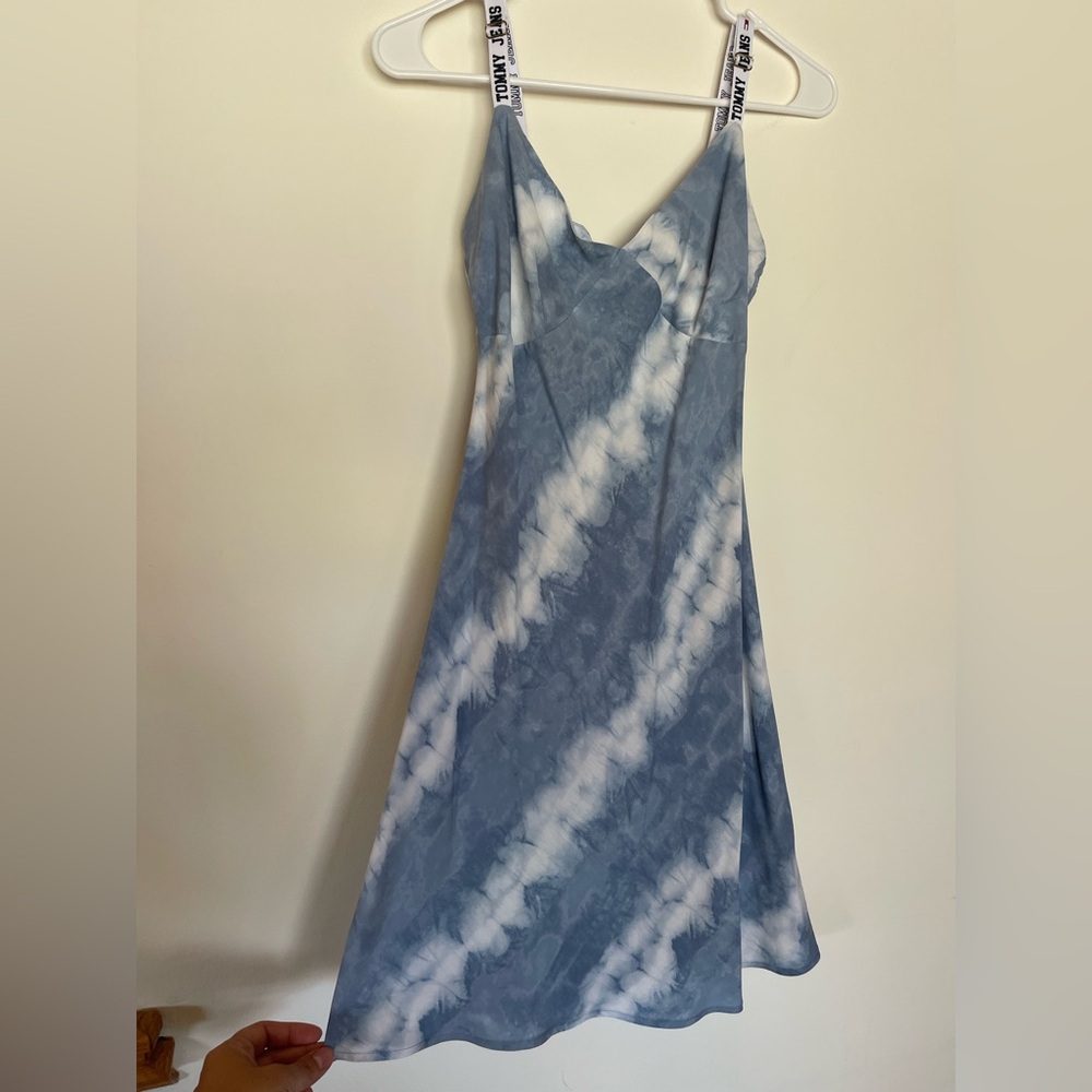Y2k Tommy Jeans Blue White Tie-Dye Slip Mini Dress‎ Logo Straps 100% Viscose